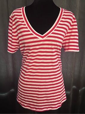 NWOT - LOFT - Size L - Women’s V-Neck Short Sleeve Stripe Tee - Red & White